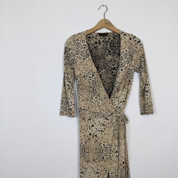 Parallel Tan & Black Retro Pattern Long Sleeve Wrap Dress Size M - Picture 3 of 7